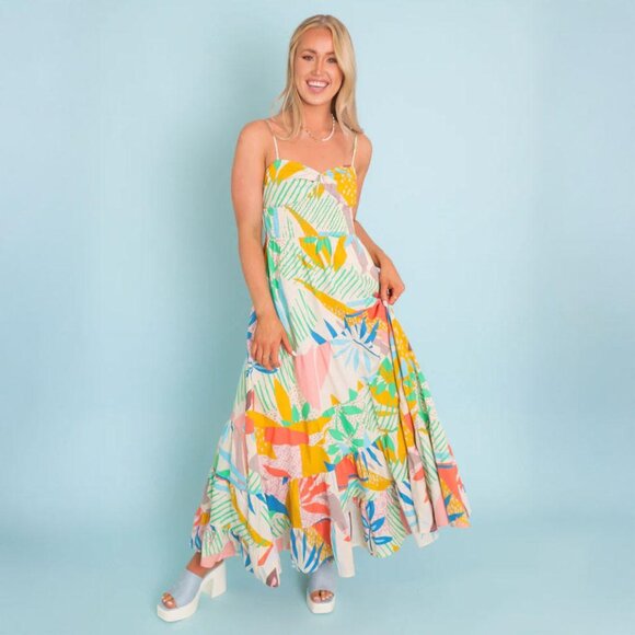 Stile Collection Soleil Cotton Lined Boho Beachy Maxi Dress Sz M Vibrant Floral - Picture 2 of 14